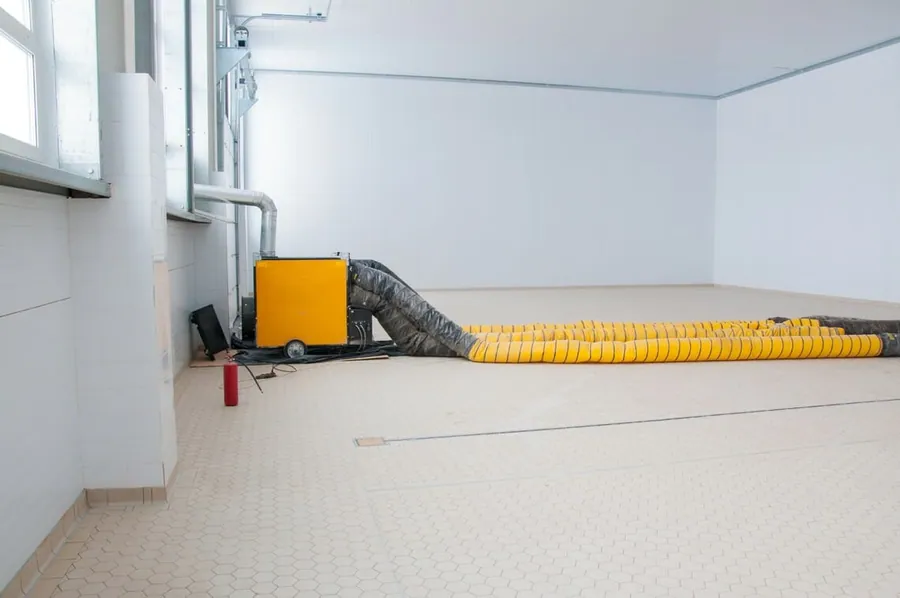 Gelber Bauheizer im Rohbau mit Warmluftschlauch und Abgasrohr nach draußen