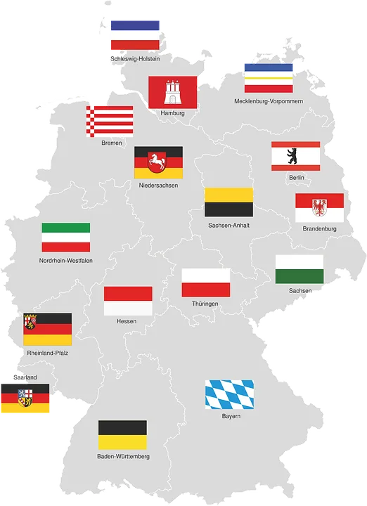 Karte von Deutschland mit den Flaggen der 16 Bundesländer